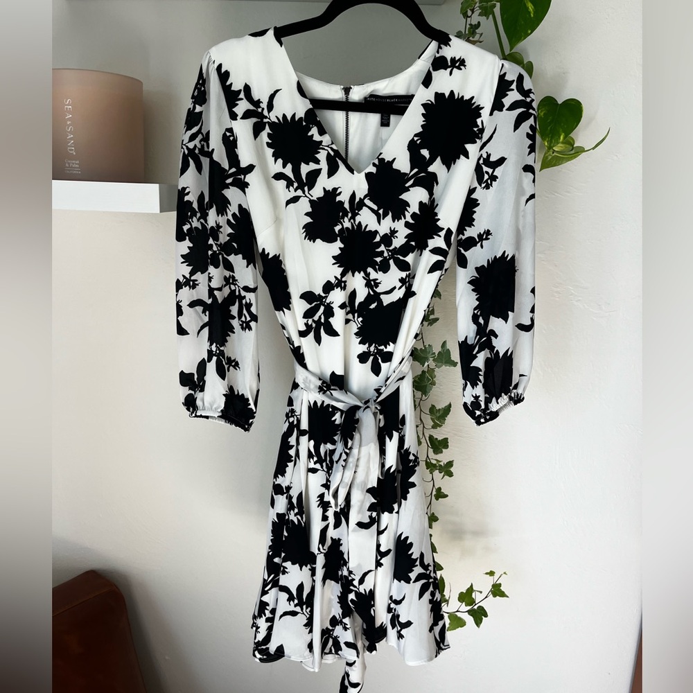 White House Black Market Monochrome Floral Long Sleeve Dress